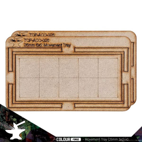 Movement Tray 25mm (5 x 2)Ideal for the Old World and many other games, these movement trays are perfect for keeping your regiments in formation and ready to hold the line. Each pack comes with 2 trays made from 3mm thick MDF parts which can be easily stuck together with white glue. Each tray allows multiple combinations of squared or rectangular-based miniatures The Colour Forge Movement Tray: 25mm (2x5) - TCF-ACC-026 - 5060843103646