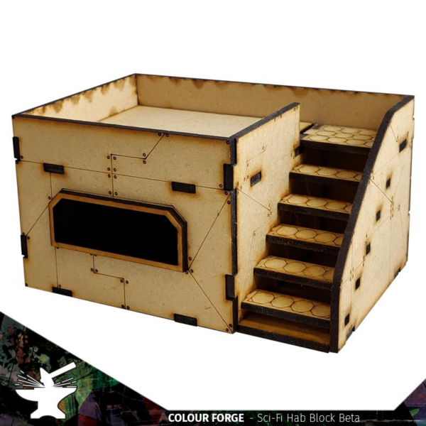 This Sci-Fi Hab Block Delta kit is the perfect addition to any 25-32mm sci-fi table!Dimensions: (Width:145mm) (Depth: 103mm) (Height: 82mm)This quick and easy to assemble kit is made from 3mm mdf and is cut with precision to ensure minimal effort removing it from the sprue.The door contains 2 holes for magnets, these measure 2mm wide by 3mm deep, there is a similar hole on the door frame. The roof is completely removable for access during gaming and modelling.This kit requires assembly. The Colour Forge Sci-Fi Hab Block Bravo - TCF-SCI-002 - 5060843100522