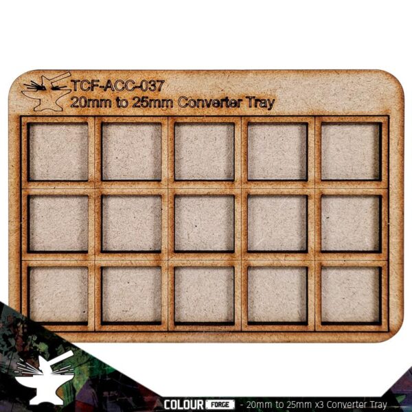 Converter Movement Tray 20mm to 25mm (5x3)The perfect way to save you form having to rebase those classic miniatures, these movement trays allow you to use 20mm Based miniatures with the spacing of 25mm. Each tray is made from 3mm thick MDF parts which can be easily stuck together with white glue. The Colour Forge Movement Tray: Convert 20mm to 25mm (3x5) - TCF-ACC-037 - 5060843103752