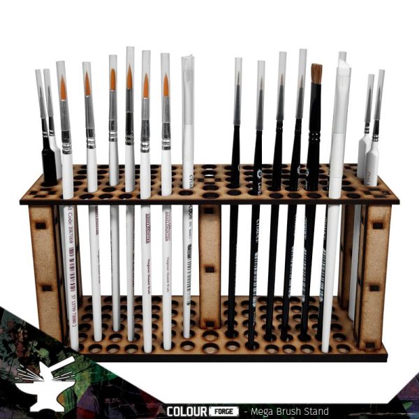 The Mega Brush Stand can hold up to 78 brushes.The diameter and quantity of the holes is as follows:50x 8mm20x 9mm8x 10mmThis product is made of 3mm MDF and is supplied unassembled. We recommend The Colour Forge Basing Glue to assemble it.Brushes not included. The Colour Forge Mega Brush Stand - TCF-ACC-010 - 5060843101888